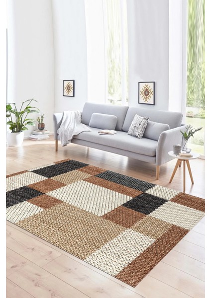 Dijital Baskılı Kaymaz Yıkanabilir Modern Desen Yolluk Mutfak Salon Halısı, N-Modern-77-Kahve,