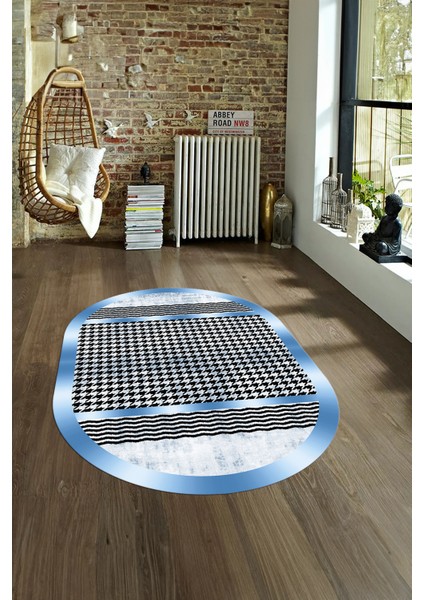 Dijital Kaymaz Yıkanabilir Modern Desen Oval Yolluk Mutfak Salon Halısı, N-O-Modern-10-Mavi,