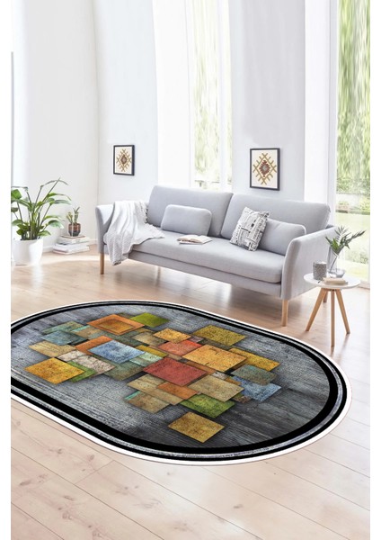 Dijital Kaymaz Yıkanabilir Modern Desen Oval Yolluk Mutfak Salon Halısı, N-O-Modern-13-Renkli,