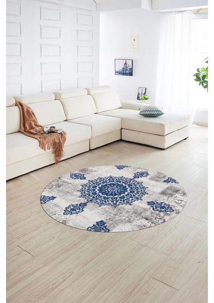 Dijital Kaymaz Taban Yıkanabilir Modern Desen Yuvarlak Mutfak Salon Halısı, N-Y-Modern-45-Mavi,
