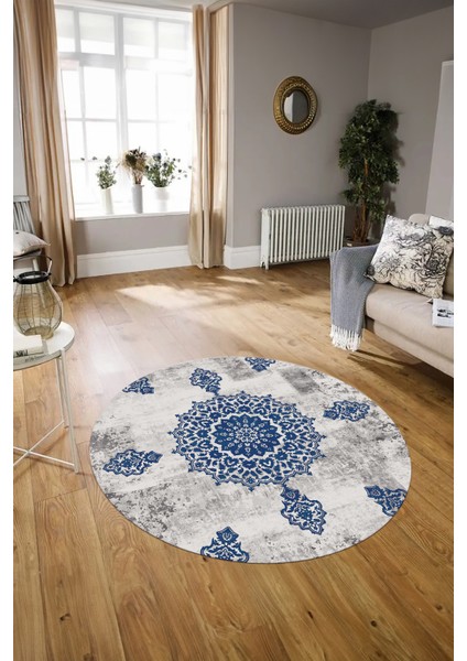 Dijital Kaymaz Taban Yıkanabilir Modern Desen Yuvarlak Mutfak Salon Halısı, N-Y-Modern-45-Mavi,