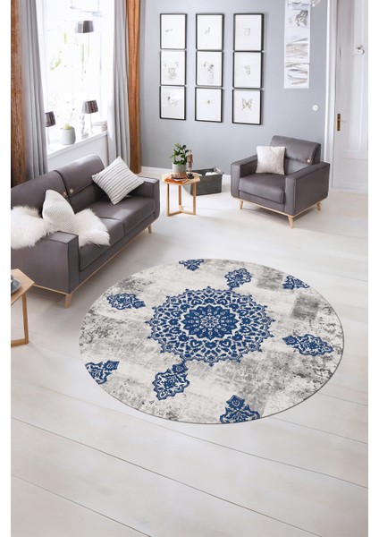 Dijital Kaymaz Taban Yıkanabilir Modern Desen Yuvarlak Mutfak Salon Halısı, N-Y-Modern-45-Mavi,