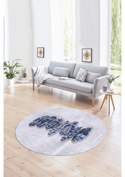 Dijital Kaymaz Taban Yıkanabilir Modern Desen Yuvarlak Mutfak Salon Halısı, N-Y-Modern-50-Mavi,