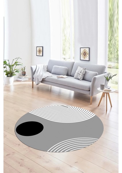 Dijital Kaymaz Taban Yıkanabilir Modern Desen Yuvarlak Mutfak Salon Halısı, N-Y-Modern-52-Gri,