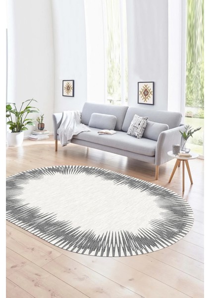 Dijital Kaymaz Yıkanabilir Modern Desen Oval Yolluk Mutfak Salon Halısı, N-O-Modern-48-Gri,