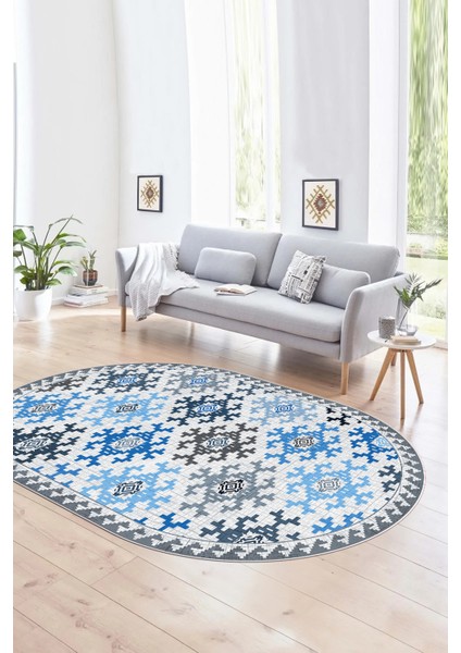 Dijital Kaymaz Yıkanabilir Modern Desen Oval Yolluk Mutfak Salon Halısı, N-O-Modern-14-Mavi,