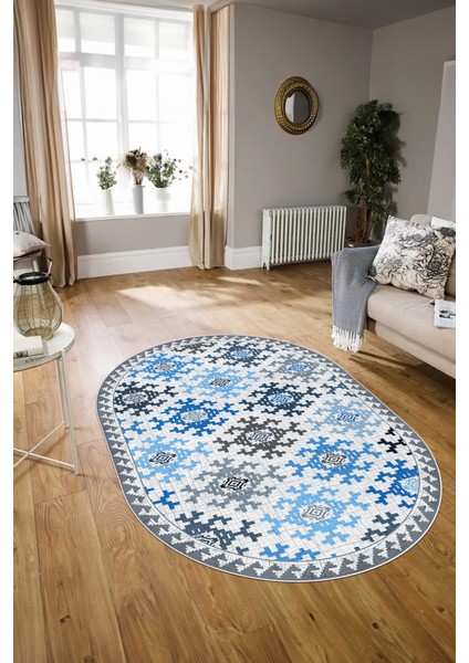 Dijital Kaymaz Yıkanabilir Modern Desen Oval Yolluk Mutfak Salon Halısı, N-O-Modern-14-Mavi, fiyatları
