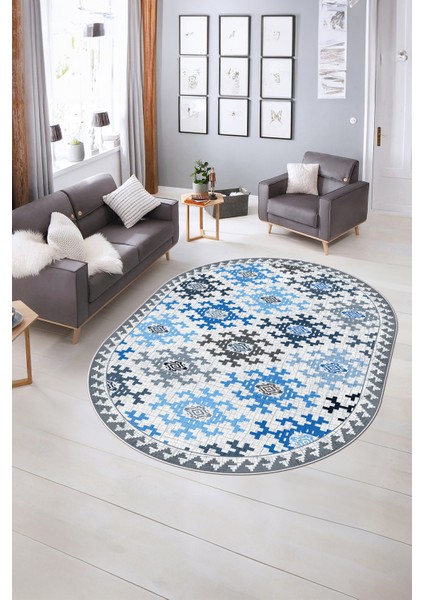 Dijital Kaymaz Yıkanabilir Modern Desen Oval Yolluk Mutfak Salon Halısı, N-O-Modern-14-Mavi, fırsatları