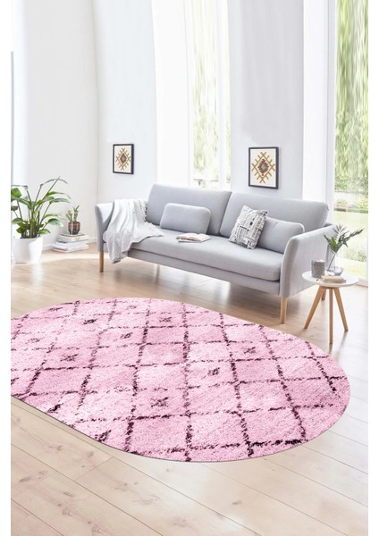 Dijital Kaymaz Yıkanabilir Modern Desen Oval Yolluk Mutfak Salon Halısı, N-O-Modern-57-Pembe,