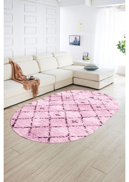Dijital Kaymaz Yıkanabilir Modern Desen Oval Yolluk Mutfak Salon Halısı, N-O-Modern-57-Pembe,