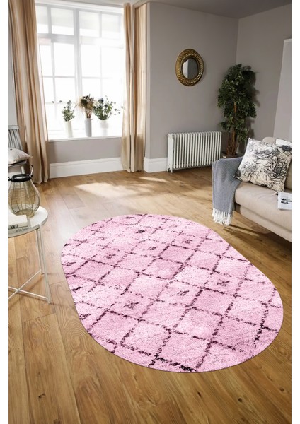 Dijital Kaymaz Yıkanabilir Modern Desen Oval Yolluk Mutfak Salon Halısı, N-O-Modern-57-Pembe,