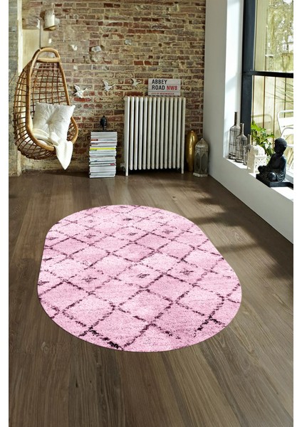 Dijital Kaymaz Yıkanabilir Modern Desen Oval Yolluk Mutfak Salon Halısı, N-O-Modern-57-Pembe,