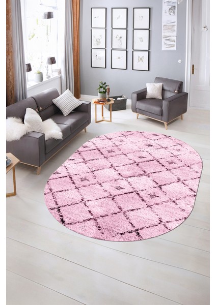 Dijital Kaymaz Yıkanabilir Modern Desen Oval Yolluk Mutfak Salon Halısı, N-O-Modern-57-Pembe,
