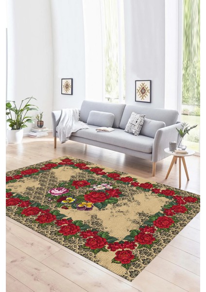 Dijital Baskılı Kaymaz Yıkanabilir Modern Desen Yolluk Mutfak Salon Halısı, N-Modern-21-Krem,