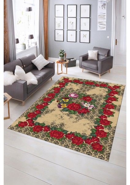Dijital Baskılı Kaymaz Yıkanabilir Modern Desen Yolluk Mutfak Salon Halısı, N-Modern-21-Krem, indirimleri
