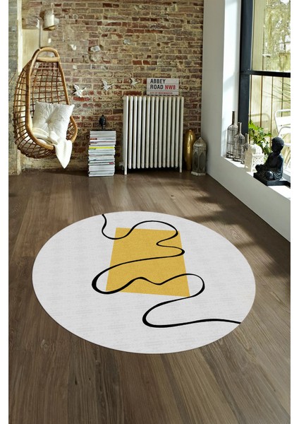 Dijital Kaymaz Taban Yıkanabilir Modern Desen Yuvarlak Mutfak Salon Halısı, N-Y-Modern-61-Sarı,