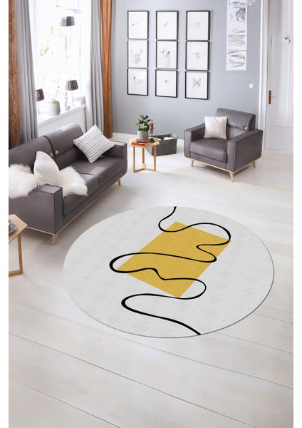 Dijital Kaymaz Taban Yıkanabilir Modern Desen Yuvarlak Mutfak Salon Halısı, N-Y-Modern-61-Sarı,
