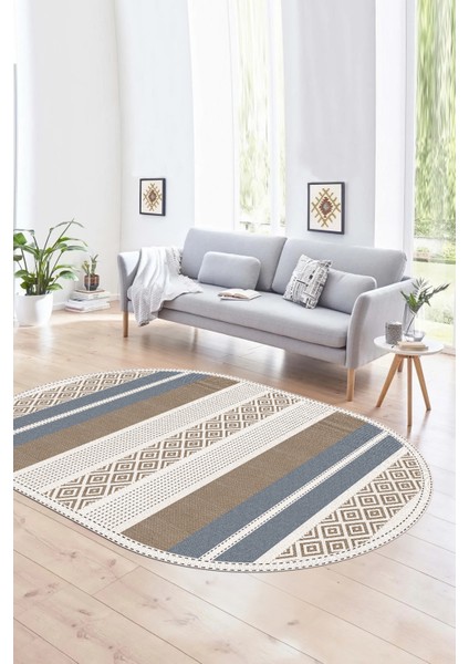 Dijital Kaymaz Yıkanabilir Modern Desen Oval Yolluk Mutfak Salon Halısı, N-O-Modern-18-Kahve,