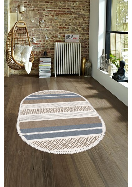 Dijital Kaymaz Yıkanabilir Modern Desen Oval Yolluk Mutfak Salon Halısı, N-O-Modern-18-Kahve, fırsatları