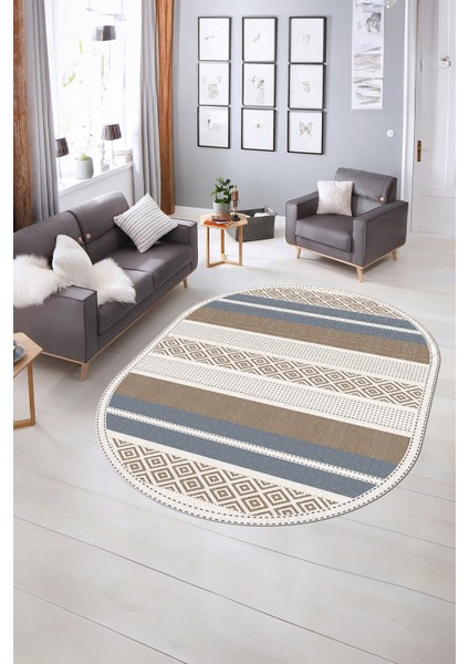 Dijital Kaymaz Yıkanabilir Modern Desen Oval Yolluk Mutfak Salon Halısı, N-O-Modern-18-Kahve, indirimleri