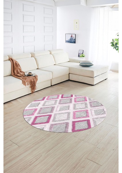 Dijital Kaymaz Taban Yıkanabilir Modern Desen Yuvarlak Mutfak Salon Halısı, N-Y-Modern-66-Pembe,