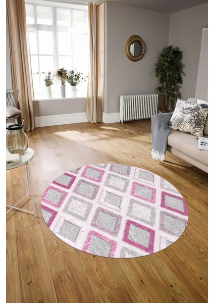 Dijital Kaymaz Taban Yıkanabilir Modern Desen Yuvarlak Mutfak Salon Halısı, N-Y-Modern-66-Pembe,