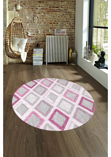 Dijital Kaymaz Taban Yıkanabilir Modern Desen Yuvarlak Mutfak Salon Halısı, N-Y-Modern-66-Pembe,