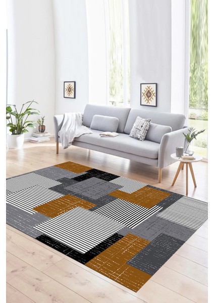 Dijital Baskılı Kaymaz Yıkanabilir Modern Desen Yolluk Mutfak Salon Halısı, N-Modern-47-Kahve,