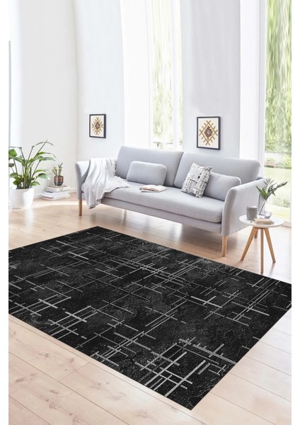 Dijital Baskılı Kaymaz Yıkanabilir Modern Desen Yolluk Mutfak Salon Halısı, N-Modern-89-Siyah,