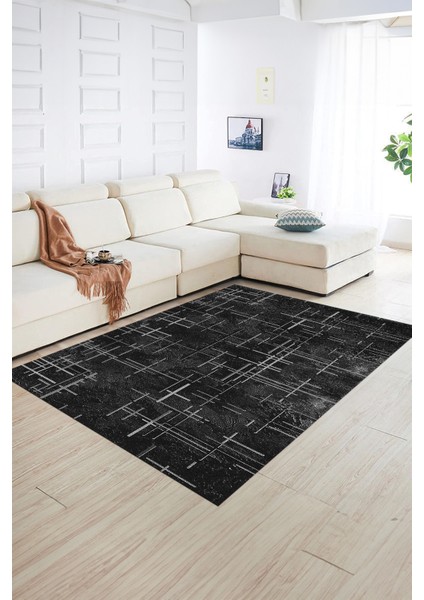 Dijital Baskılı Kaymaz Yıkanabilir Modern Desen Yolluk Mutfak Salon Halısı, N-Modern-89-Siyah,