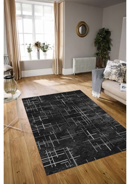 Dijital Baskılı Kaymaz Yıkanabilir Modern Desen Yolluk Mutfak Salon Halısı, N-Modern-89-Siyah,