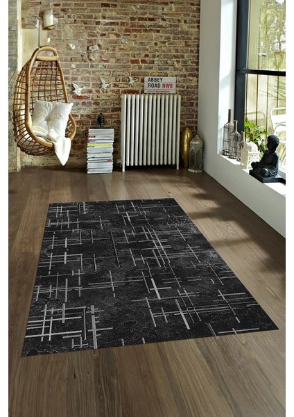 Dijital Baskılı Kaymaz Yıkanabilir Modern Desen Yolluk Mutfak Salon Halısı, N-Modern-89-Siyah,
