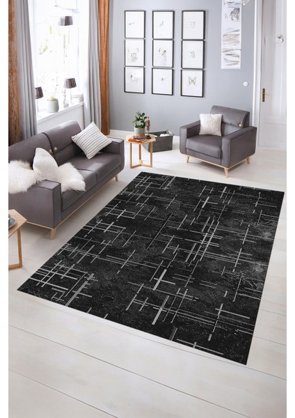 Dijital Baskılı Kaymaz Yıkanabilir Modern Desen Yolluk Mutfak Salon Halısı, N-Modern-89-Siyah,