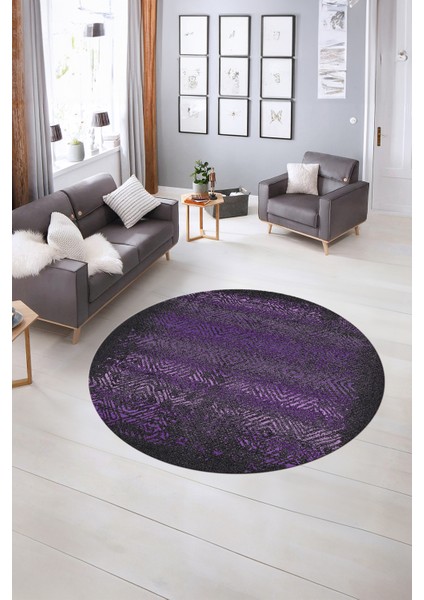 Dijital Kaymaz Taban Yıkanabilir Modern Desen Yuvarlak Mutfak Salon Halısı, N-Y-Modern-28-Mor,
