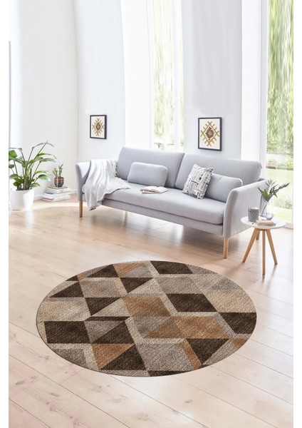 Dijital Kaymaz Taban Yıkanabilir Modern Desen Yuvarlak Mutfak Salon Halısı, N-Y-MODERN-103-KAHVE,