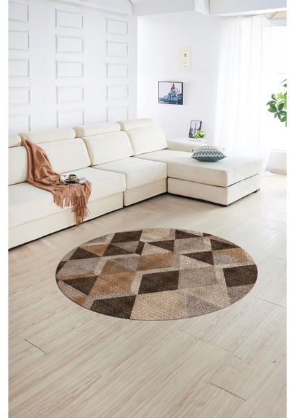 Dijital Kaymaz Taban Yıkanabilir Modern Desen Yuvarlak Mutfak Salon Halısı, N-Y-MODERN-103-KAHVE,
