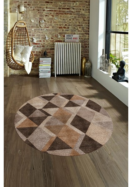 Dijital Kaymaz Taban Yıkanabilir Modern Desen Yuvarlak Mutfak Salon Halısı, N-Y-MODERN-103-KAHVE,
