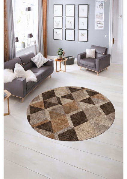 Dijital Kaymaz Taban Yıkanabilir Modern Desen Yuvarlak Mutfak Salon Halısı, N-Y-MODERN-103-KAHVE,