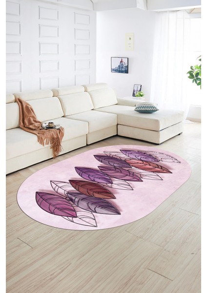 Dijital Kaymaz Yıkanabilir Modern Desen Oval Yolluk Mutfak Salon Halısı, N-O-Modern-08-Mor,