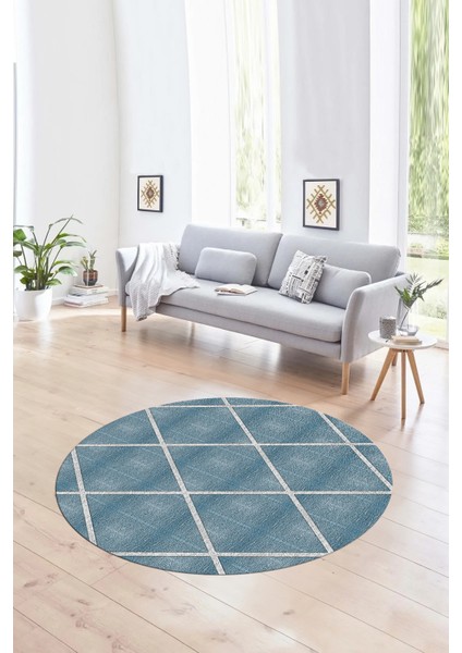 Dijital Kaymaz Taban Yıkanabilir Modern Desen Yuvarlak Mutfak Salon Halısı, N-Y-MODERN-116-MAVİ,