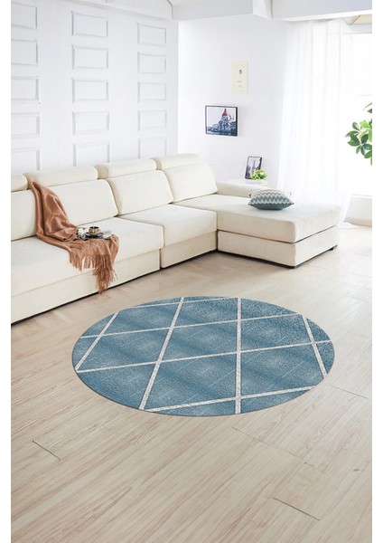 Dijital Kaymaz Taban Yıkanabilir Modern Desen Yuvarlak Mutfak Salon Halısı, N-Y-MODERN-116-MAVİ,