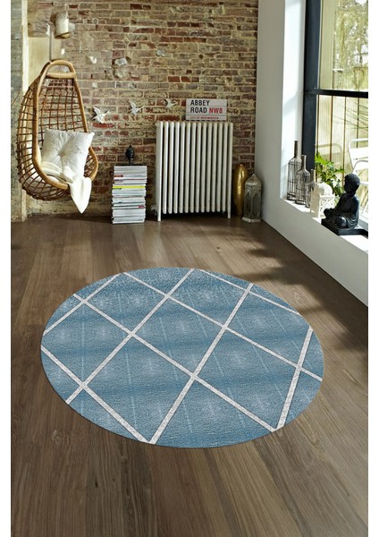 Dijital Kaymaz Taban Yıkanabilir Modern Desen Yuvarlak Mutfak Salon Halısı, N-Y-MODERN-116-MAVİ,