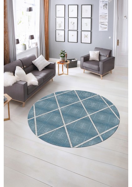 Dijital Kaymaz Taban Yıkanabilir Modern Desen Yuvarlak Mutfak Salon Halısı, N-Y-MODERN-116-MAVİ,