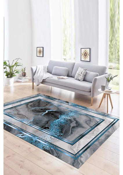 Dijital Baskılı Kaymaz Yıkanabilir Modern Desen Yolluk Mutfak Salon Halısı, N-Modern-46-Mavi,