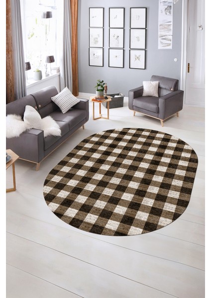 Dijital Kaymaz Yıkanabilir Modern Desen Oval Yolluk Mutfak Salon Halısı, N-O-Modern-55-Kahve, indirimleri
