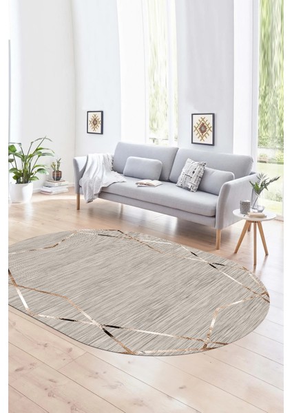 Dijital Kaymaz Yıkanabilir Modern Desen Oval Yolluk Mutfak Salon Halısı, N-O-Modern-05-Bej,