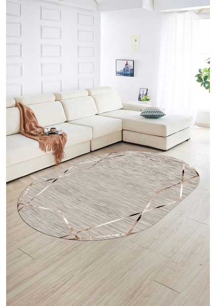 Dijital Kaymaz Yıkanabilir Modern Desen Oval Yolluk Mutfak Salon Halısı, N-O-Modern-05-Bej,