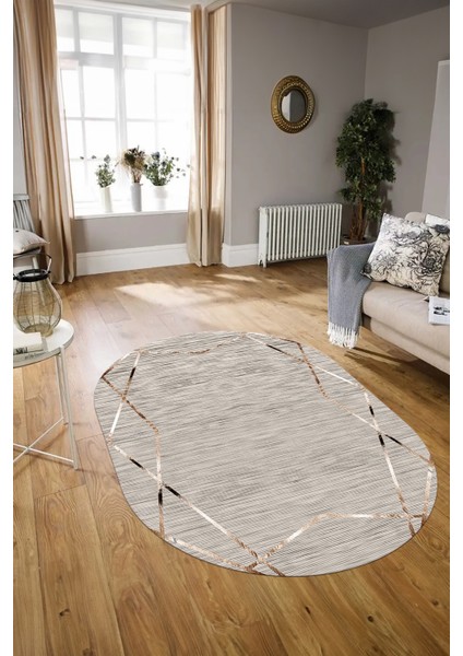 Dijital Kaymaz Yıkanabilir Modern Desen Oval Yolluk Mutfak Salon Halısı, N-O-Modern-05-Bej,