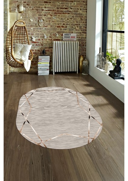 Dijital Kaymaz Yıkanabilir Modern Desen Oval Yolluk Mutfak Salon Halısı, N-O-Modern-05-Bej,