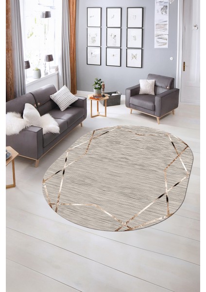 Dijital Kaymaz Yıkanabilir Modern Desen Oval Yolluk Mutfak Salon Halısı, N-O-Modern-05-Bej,